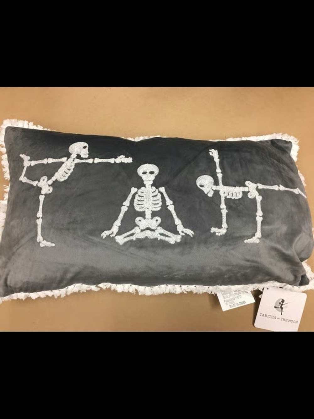 Tabitha & The Moon Embroidered Yoga Skeleton Halloween Pillow NWT